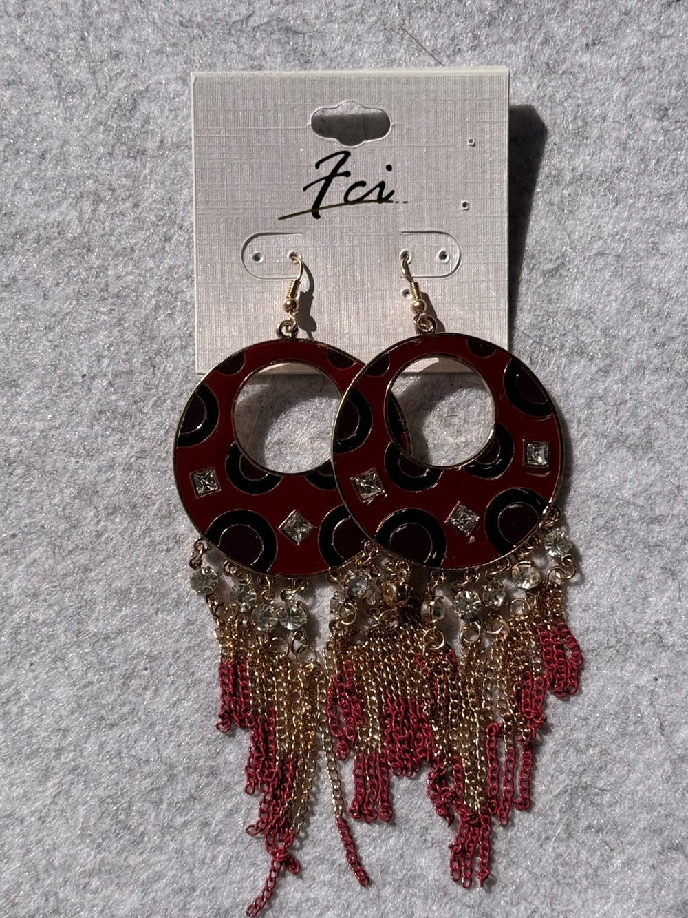 FCI Red & Gold Dangle Fringe Earrings